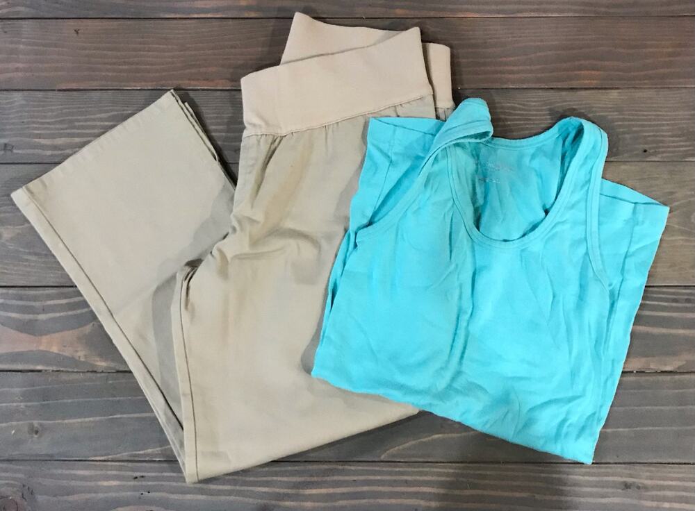 Liz Lange Maternity khaki cropped dress pants w/pockets sz 4 & S teal tank top